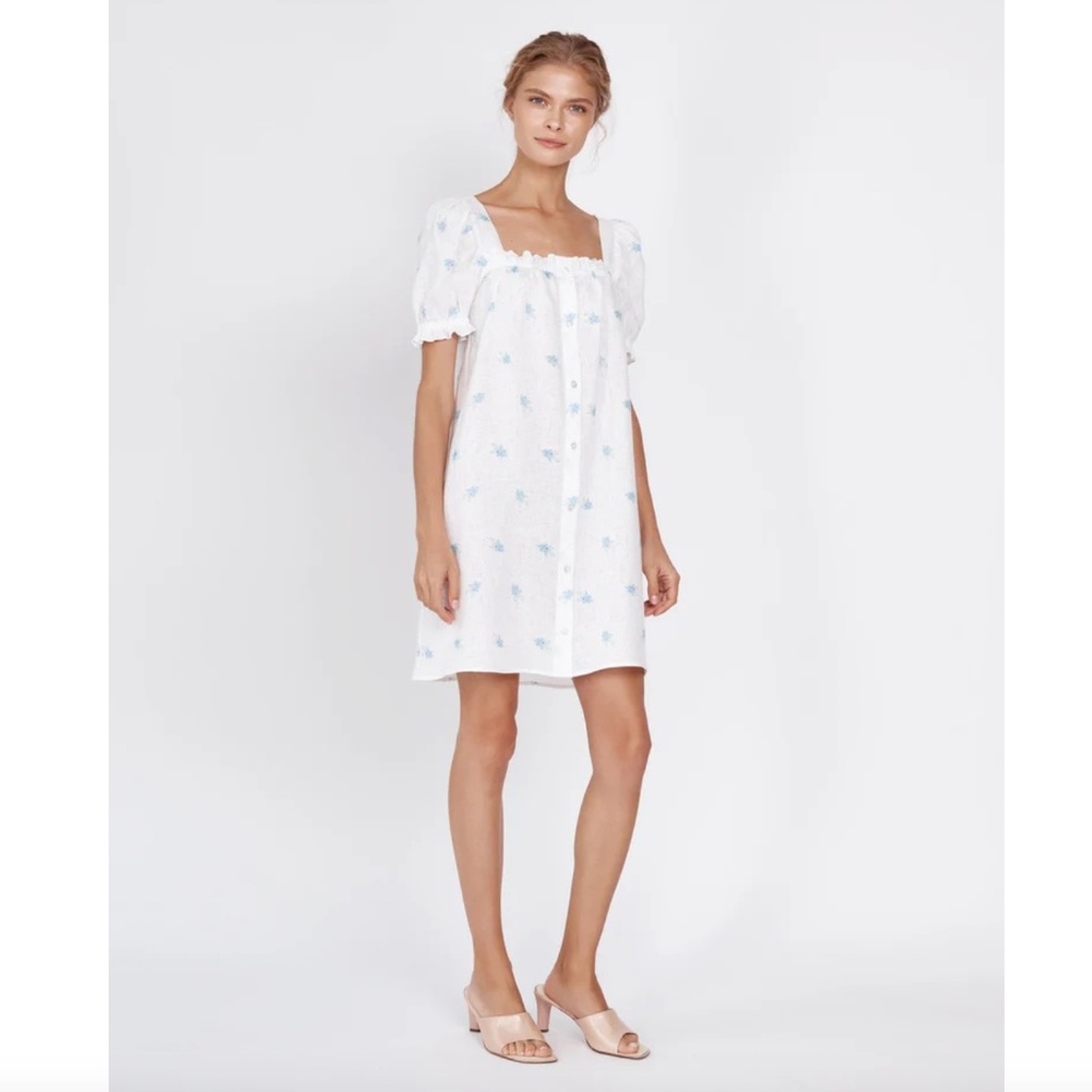 Sleeper Brigitte 100% linen dress short puff sleeves floral print ruffle edge